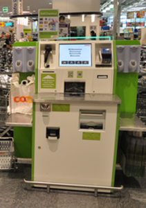 View of a self-service checkout in a coop supermarket